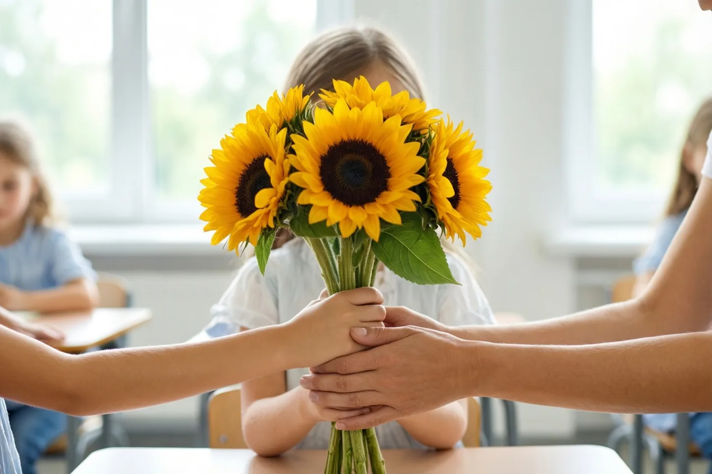 De handen van een kind in een wit shirt reiken zonnebloemen aan de handen van een leerkracht bij een schoolbank in een klas met witte muren en helder daglicht.