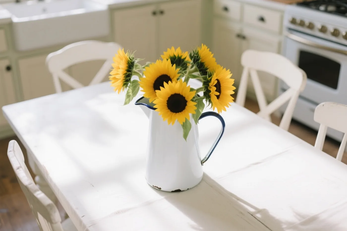 Een witte emaille kan met zonnebloemen staat op een witte tafel in een zonnige landelijke keuken met witte kasten en een houten vloer.