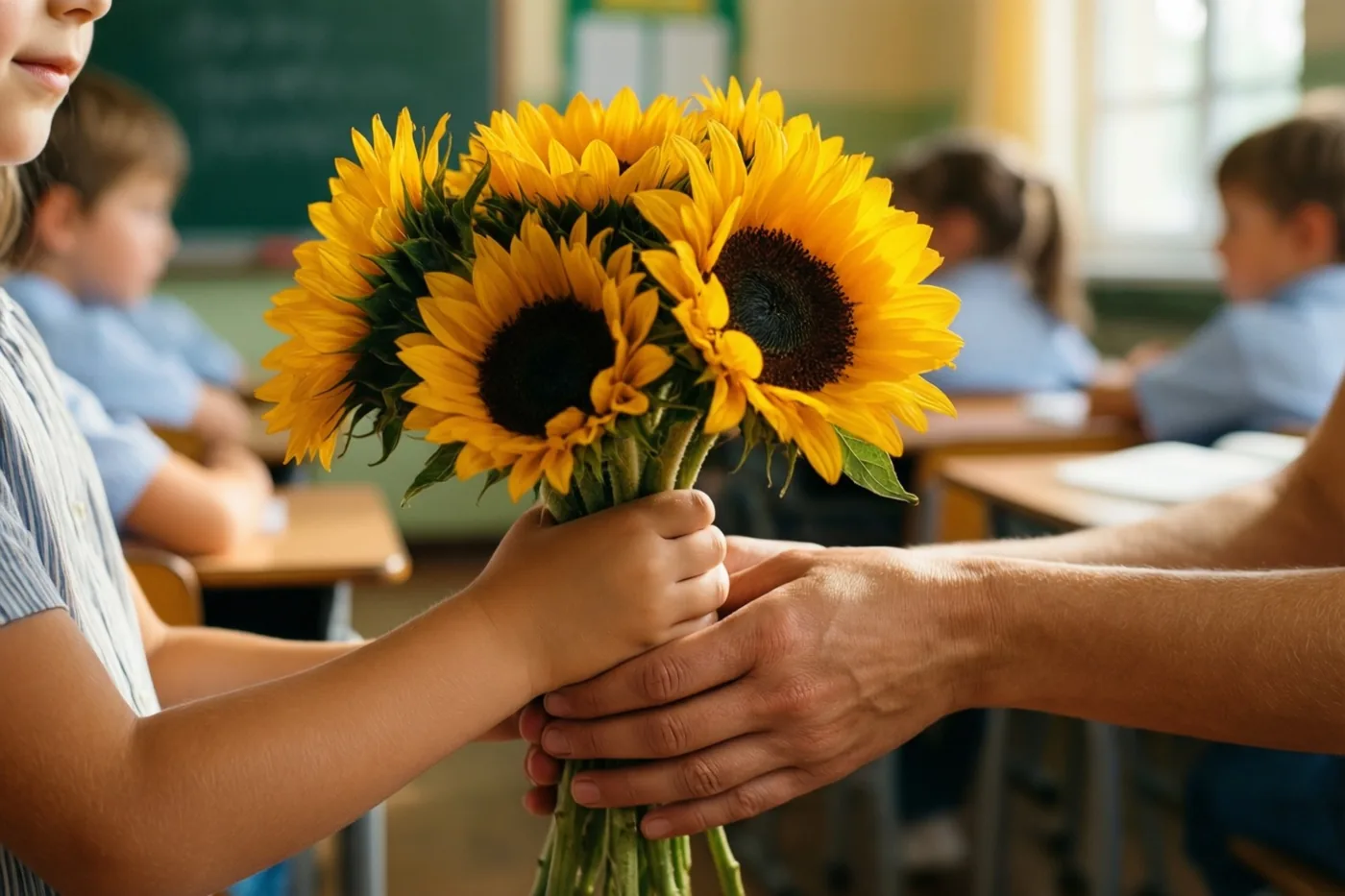 Kinderhanden bieden felgele zonnebloemen aan volwassen handen aan, met schoolbanken en andere kinderen wazig op de achtergrond in een warm verlichte klas.