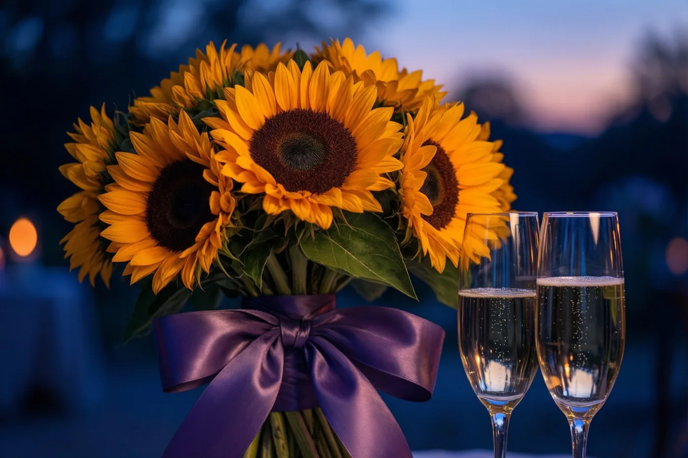 Een boeket zonnebloemen met een breed paars lint staat naast twee glazen bruisende champagne, tegen een schemerlucht met onscherpe lichtjes.