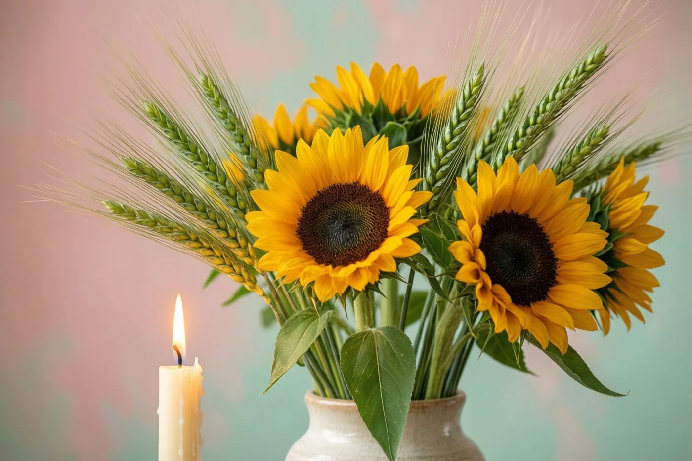Een vaas met gele zonnebloemen en groene tarwehalmen staat naast een brandende witte kaars tegen een wazige roze en blauwgroene achtergrond.