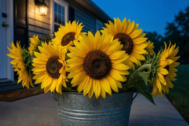 Een emmer felgele zonnebloemen staat bij schemering op een betonnen drempel onder een warme buitenlamp, met een diepblauwe avondlucht erachter.