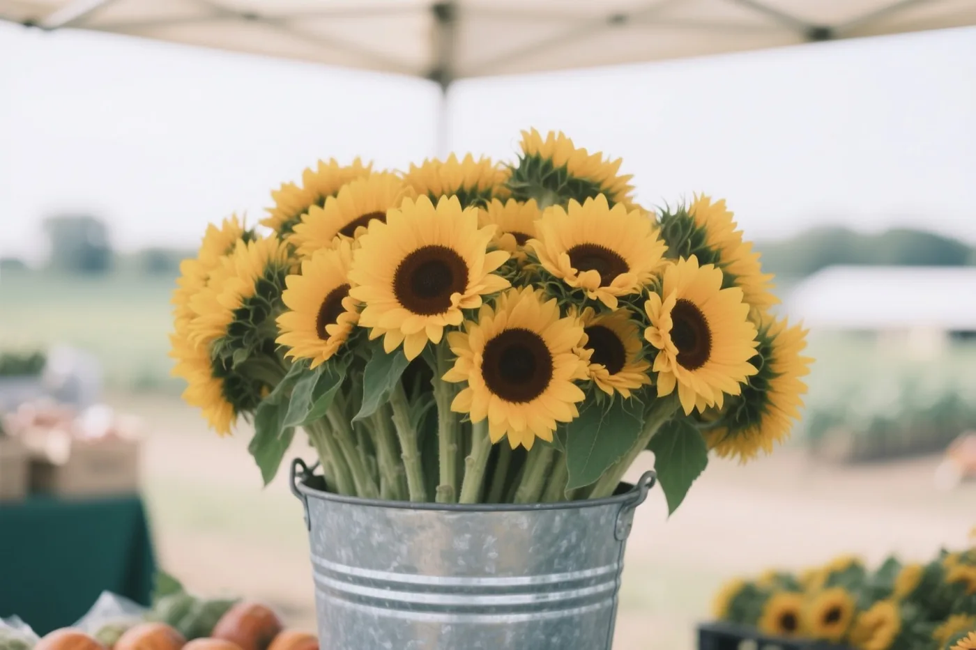 Een grote bos gele zonnebloemen met donkere harten staat in een verzinkte emmer onder het afdak van een boerderijkraam, met groene velden op de achtergrond.