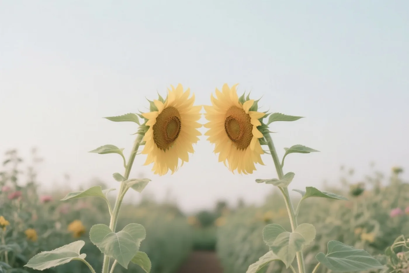 Twee gele zonnebloemen buigen in een tuin naar elkaar toe tegen een zachte, nevelige hemel met groen en lichtblauw op de achtergrond.