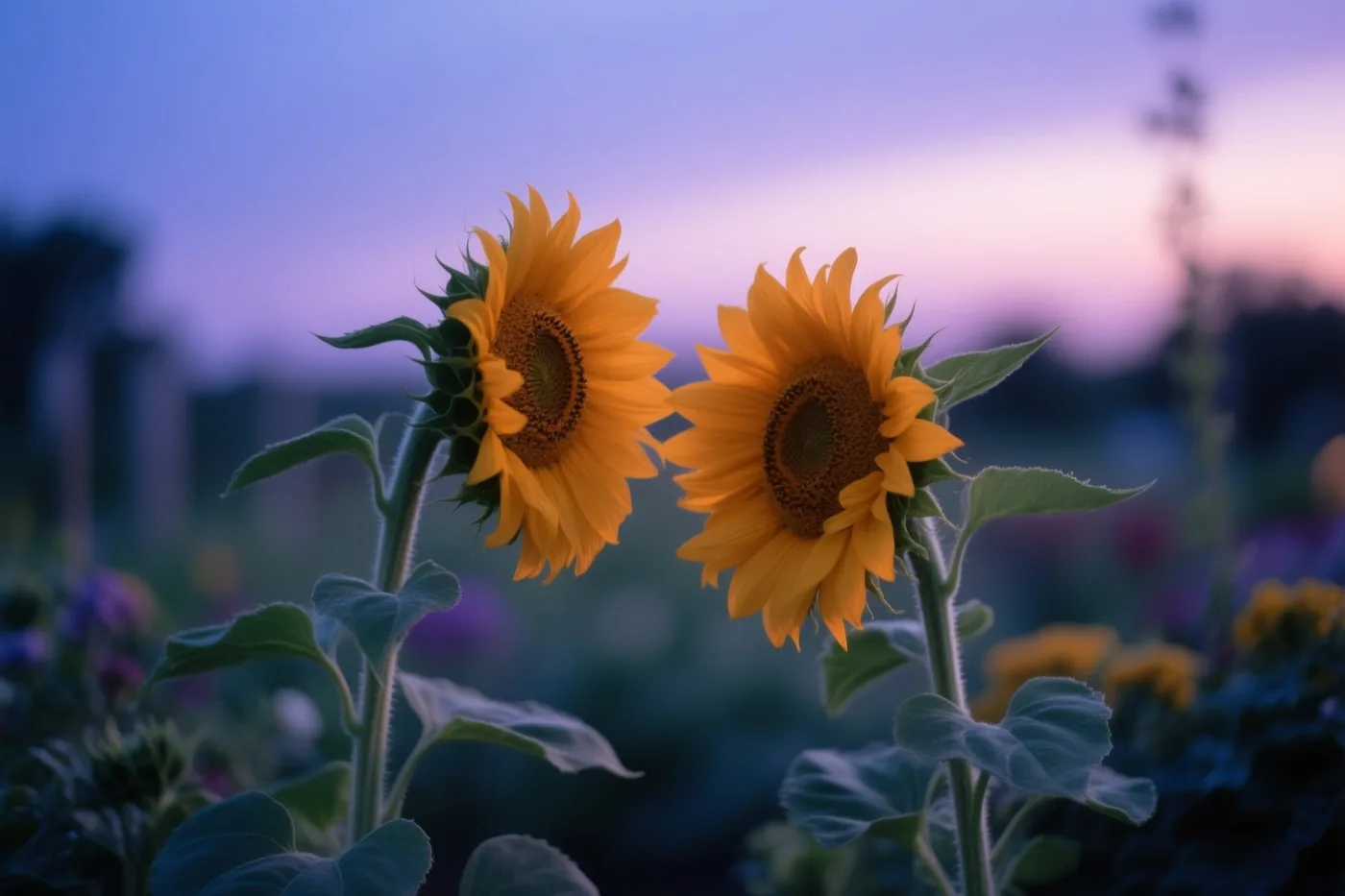 Twee gele zonnebloemen buigen naar elkaar toe tussen donkergroene bladeren onder een paarsroze avondlucht.