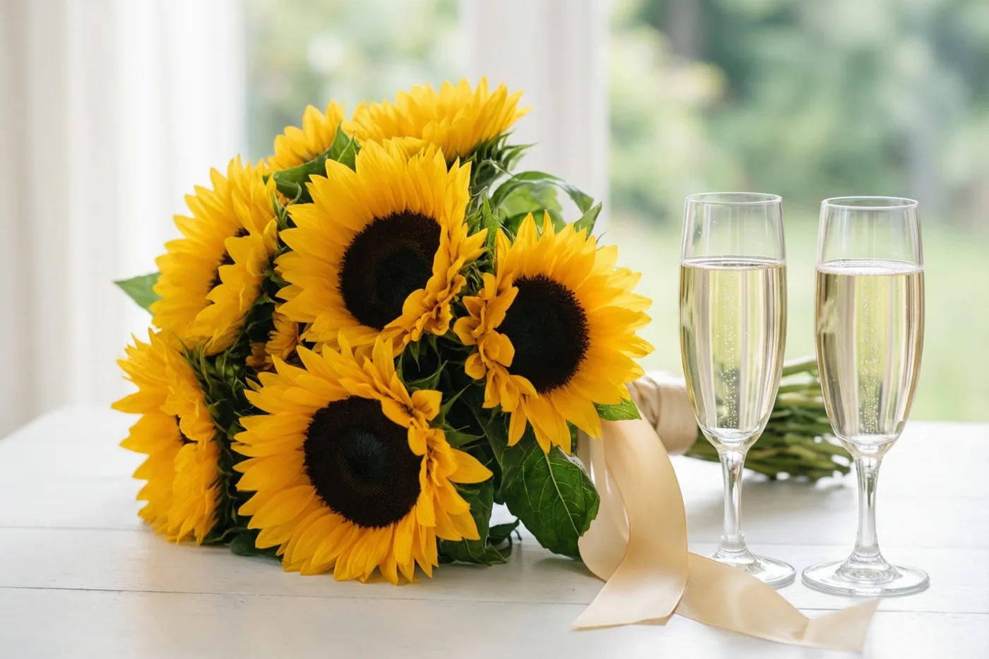 Een boeket zonnebloemen met een breed crèmekleurig lint ligt op een witte houten tafel naast twee glazen bruisende champagne, bij een raam met zacht daglicht.