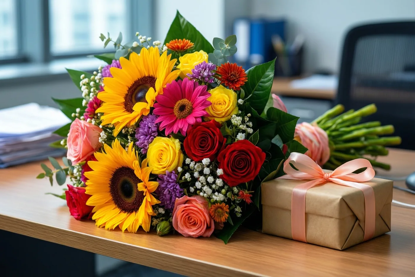 Een kleurrijk boeket zonnebloemen, rozen en gerbera's staat naast een ingepakt cadeau op een houten bureau in een modern kantoor met een raam en een stoel.
