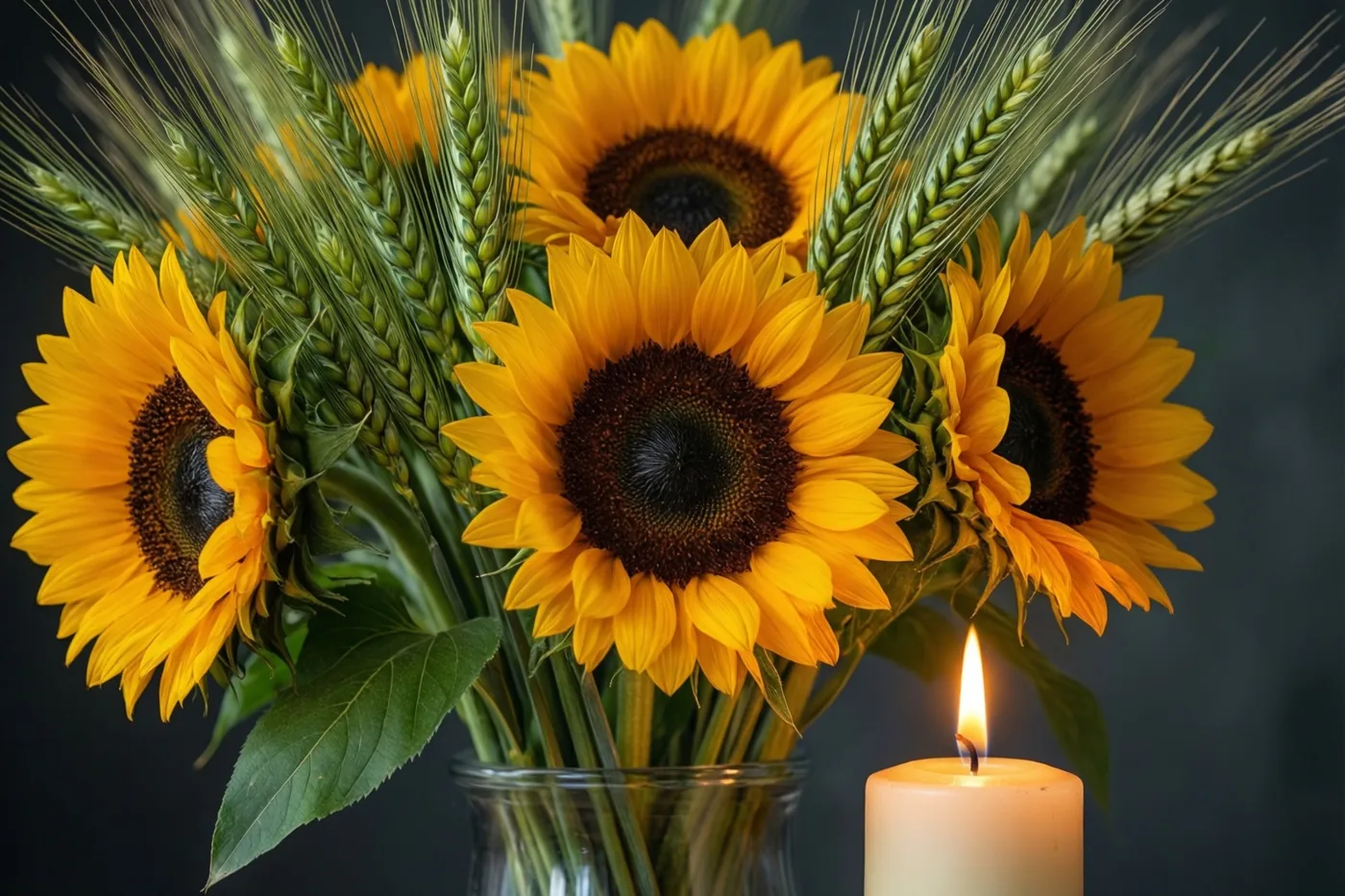 Een vaas met felgele zonnebloemen en groene tarwehalmen staat naast een brandende witte kaars tegen een donkere achtergrond.