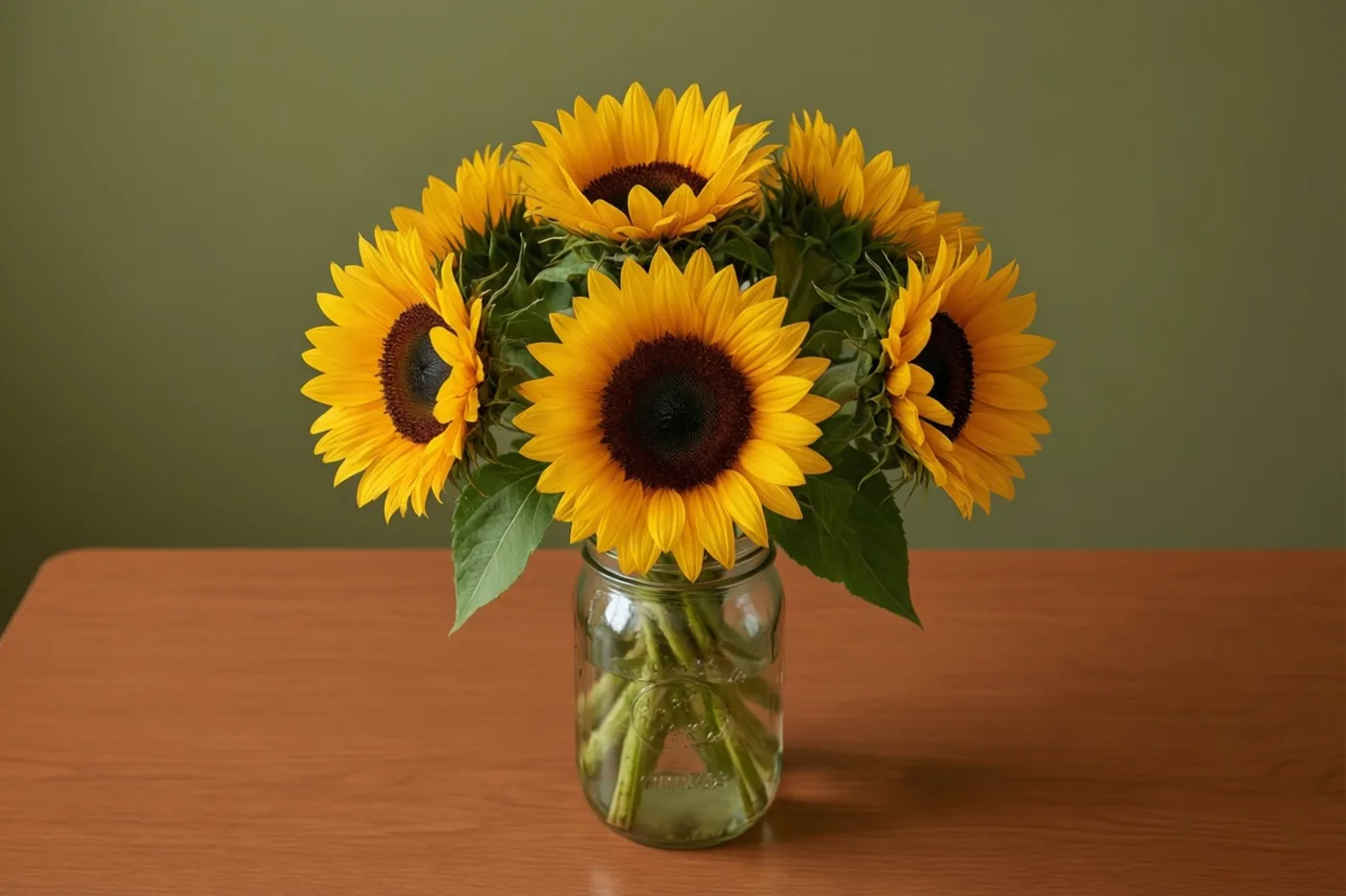Felgele zonnebloemen staan in een doorzichtige glazen pot op een houten bureau tegen een zachtgroene muur.