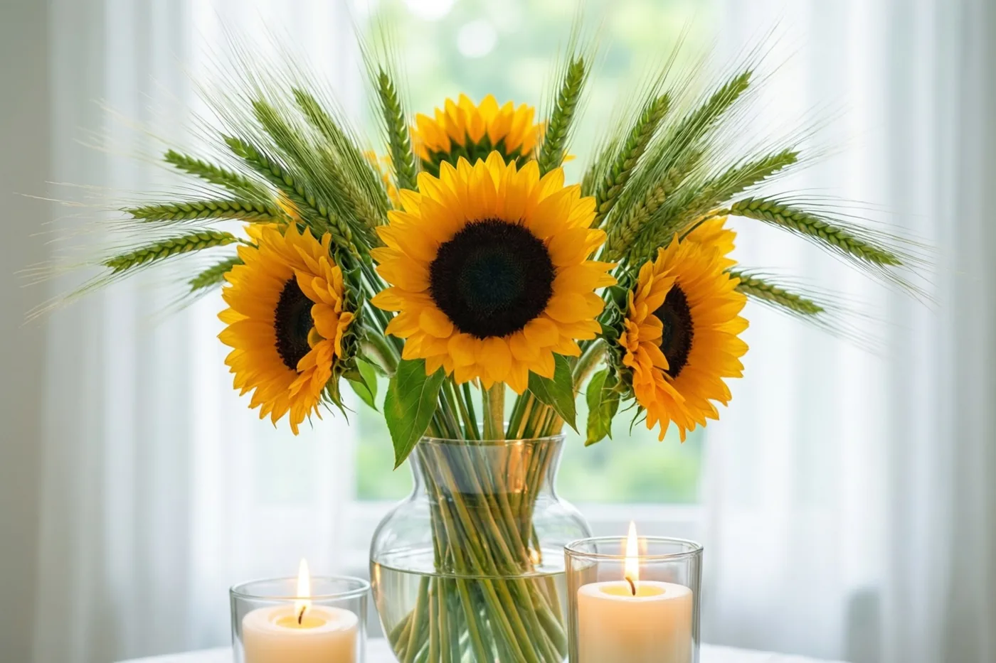 Een glazen vaas met gele zonnebloemen en groene tarwehalmen staat tussen twee brandende witte kaarsen op een tafel bij een raam met witte gordijnen.