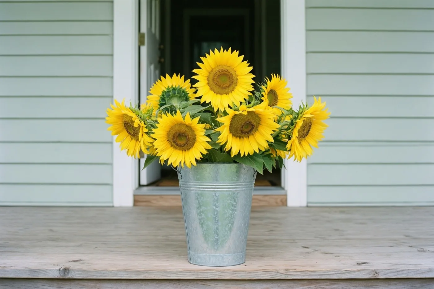 Felgele zonnebloemen staan in een verweerde zinken emmer op een houten veranda voor een lichtgroen huis met houten gevelplanken en een witte deuromlijsting.