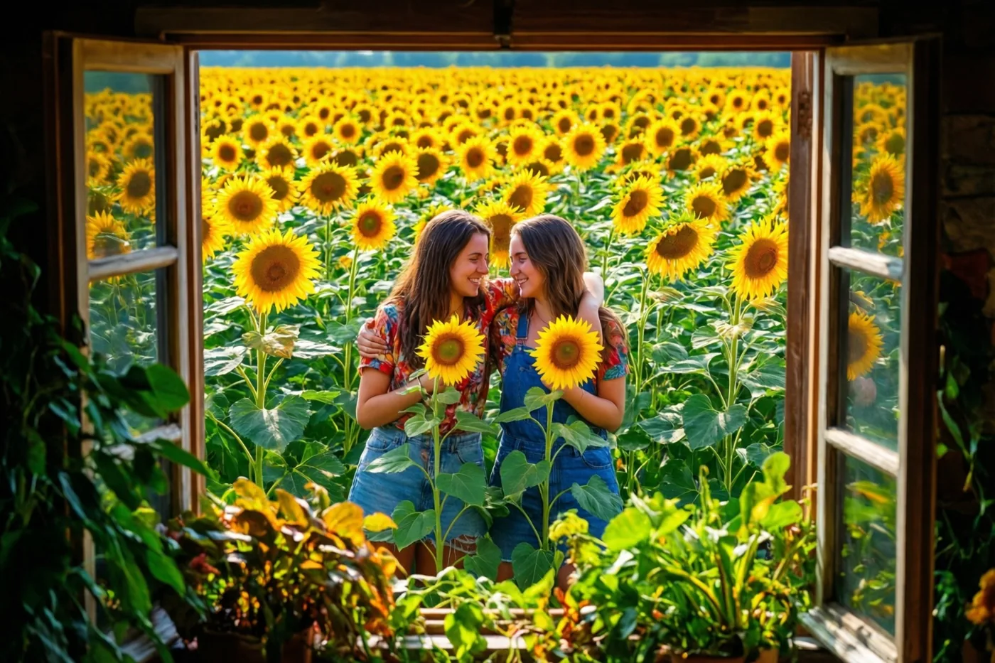 Door een open houten raam zijn twee jonge vrouwen te zien die met de armen om elkaar glimlachend naar zonnebloemen in een veld kijken.