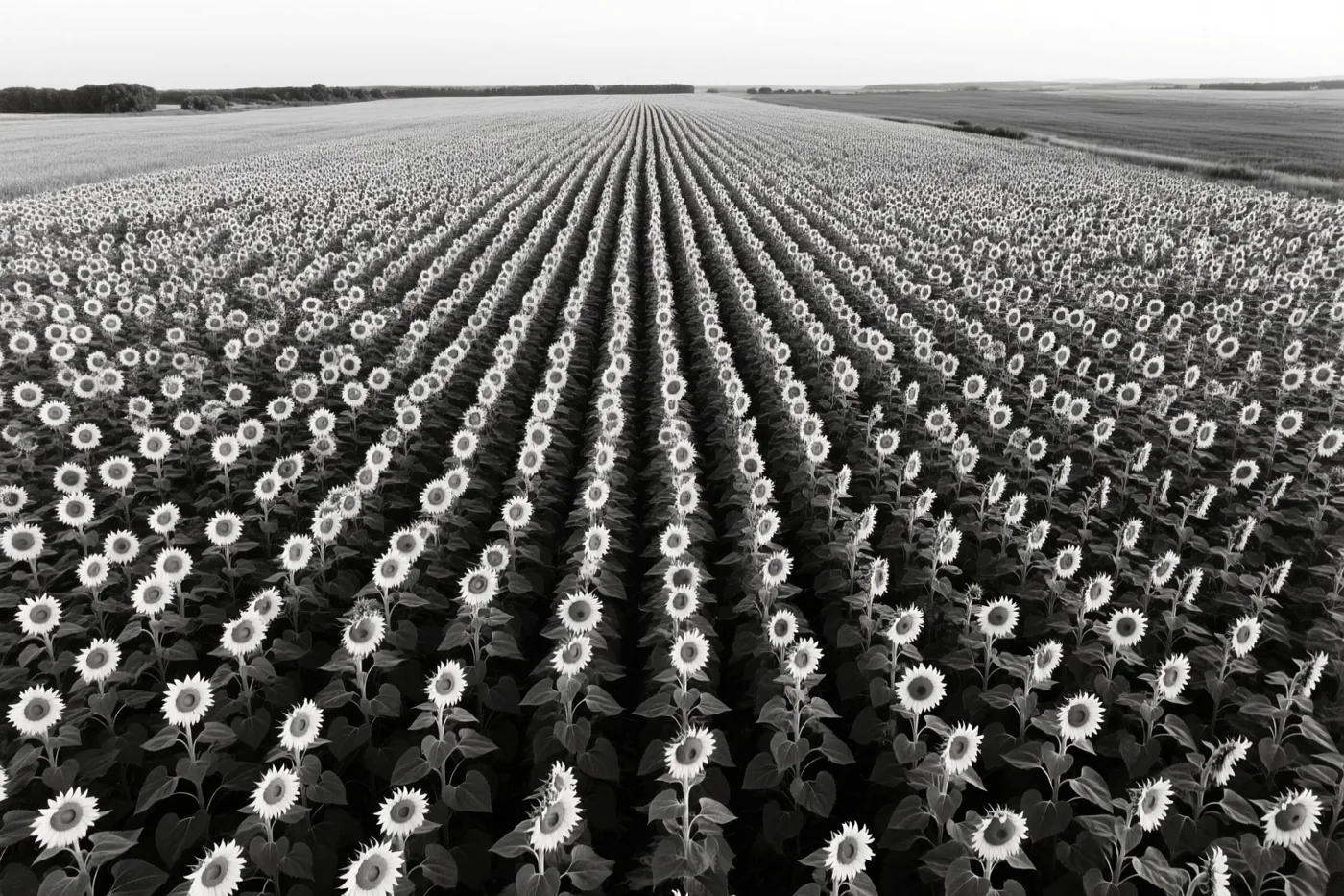 Een zwart-witfoto toont een uitgestrekt veld zonnebloemen in rechte rijen onder een bewolkte lucht, met bomenrijen in de verte.