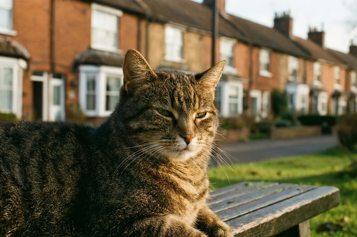 Een gestreepte kat ligt in de zon op een houten bank, met op de achtergrond rode bakstenen rijhuizen met witte raamkozijnen onder een heldere hemel.