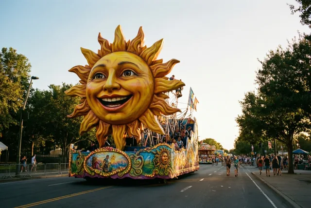 Een grote, sierlijke praalwagen in de vorm van een lachende zon rijdt door een straat met bomen in warm goudkleurig licht.