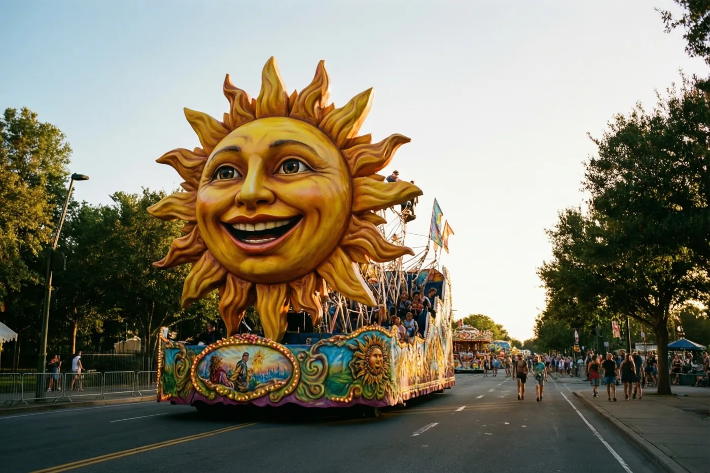 Een grote, sierlijke praalwagen in de vorm van een lachende zon rijdt door een straat met bomen in warm goudkleurig licht.
