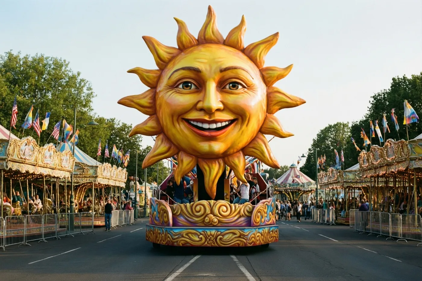 Een praalwagen met een reusachtige lachende zon en gouden stralen rijdt langs draaimolens en toeschouwers in een helder feesttafereel.