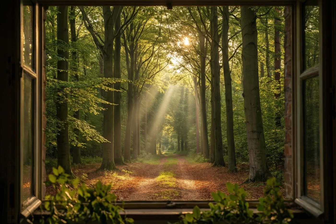 Door een open raam is een rustig bospad te zien waar een zonnestraal tussen hoge beuken valt, in warme groene en bruine tinten.