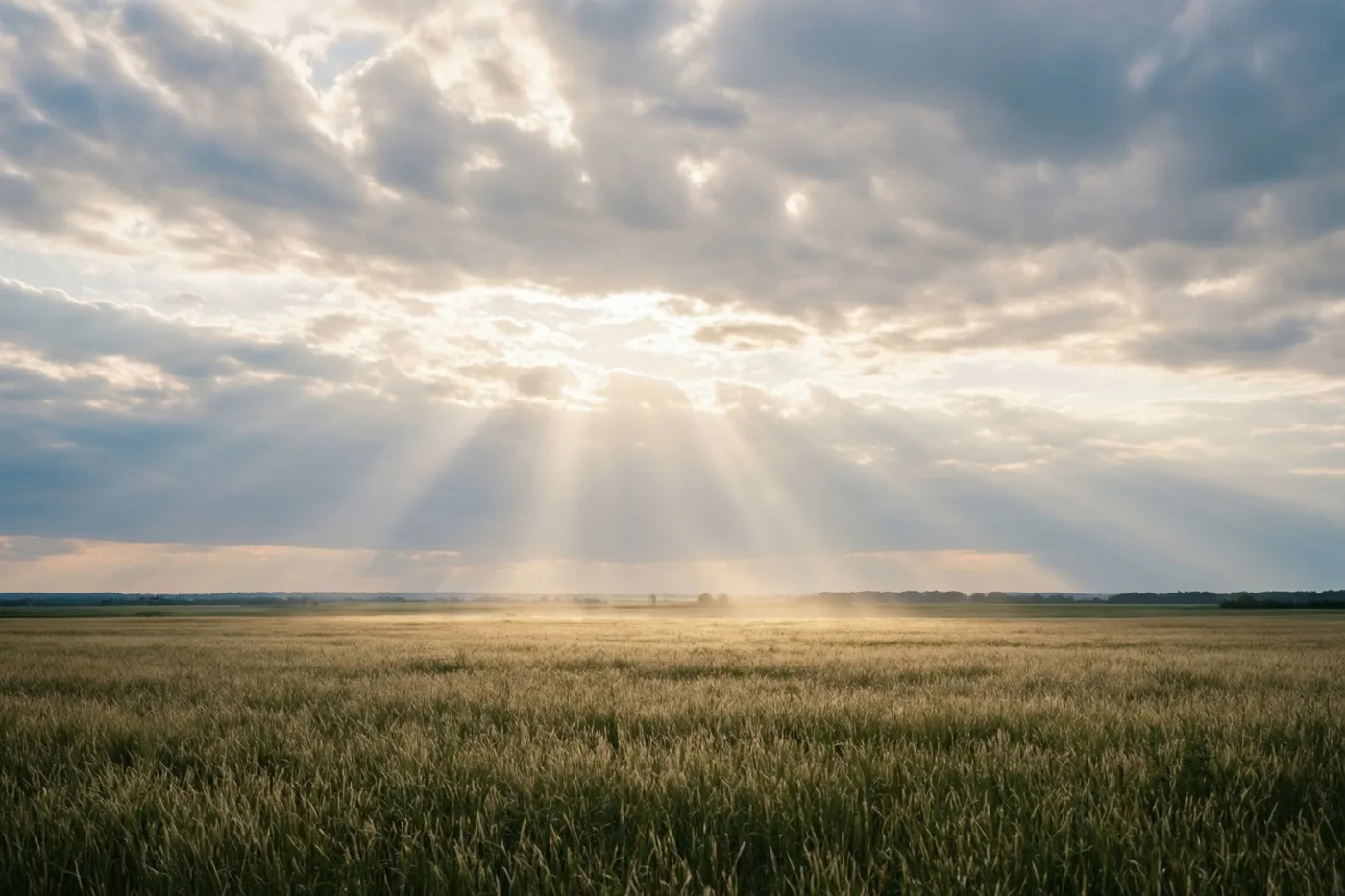 Zonnestralen vallen door openingen in de wolken op een uitgestrekt veld met goudgele tarwe.