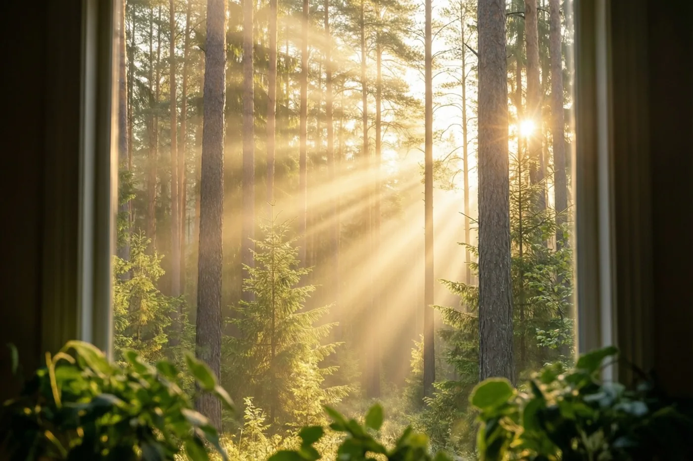 Vanuit een kamer zijn door een raam gouden zonnestralen tussen hoge sparren in een mistig bos te zien, met bladeren op de voorgrond.