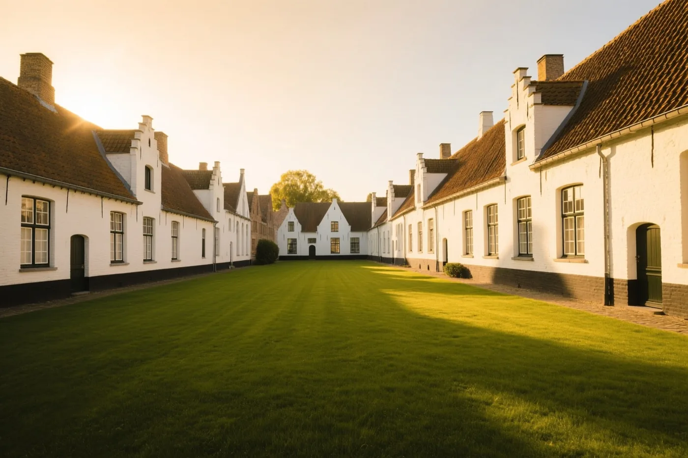 Witgekalkte Vlaamse huizen met bruine pannendaken omringen een groot groen gazon in warm goudkleurig zonlicht.