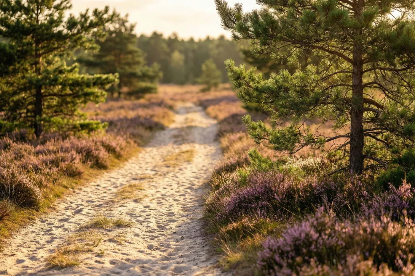 Een zandpad kronkelt door bloeiende paarse heide met dennen in warm zonlicht.
