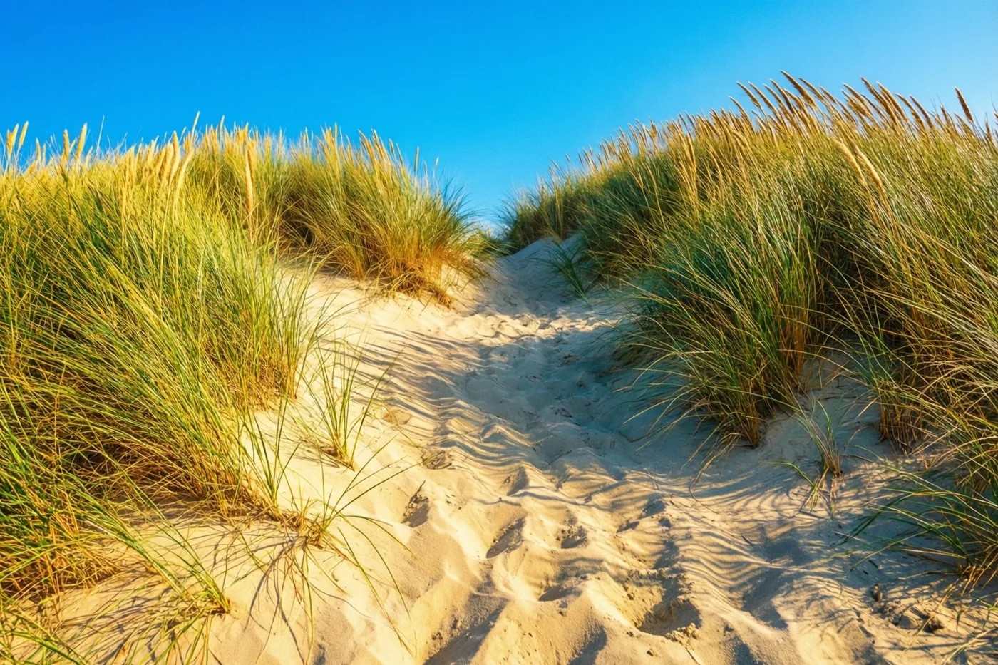 Een zonnig pad slingert door brede zandduinen met helmgras onder een helderblauwe hemel, in warm goudkleurig licht.