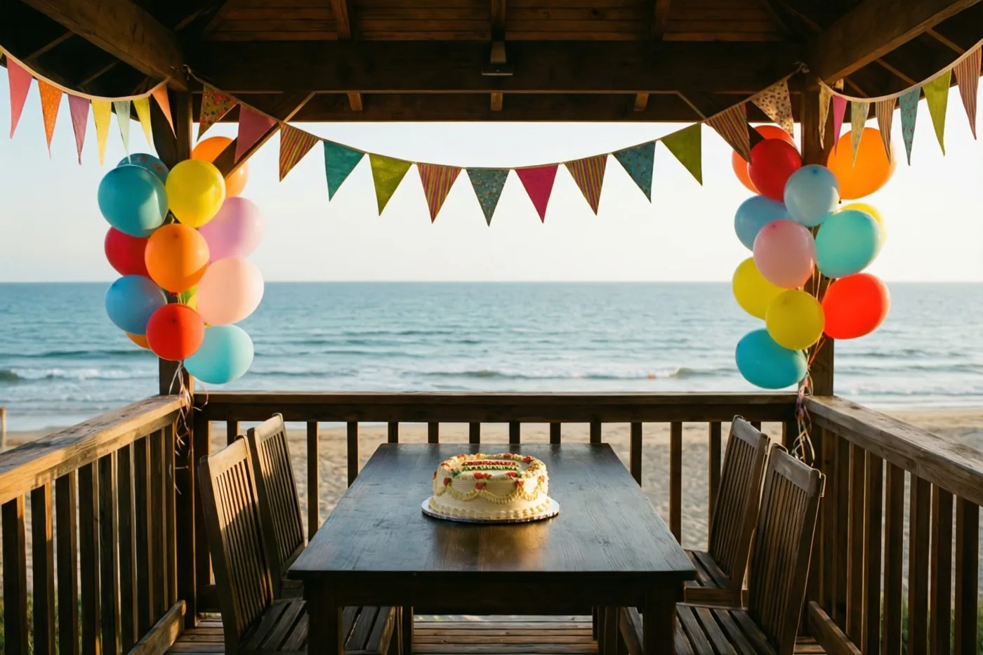 Een verjaardagstaart staat centraal op een houten strandbarterras met kleurrijke vlaggenlijnen en ballonnen, in warm zonlicht en met uitzicht op zee.