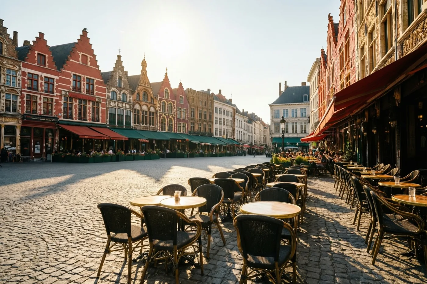 Een caféterras met tafels en stoelen staat op een zonnig kasseiplein tussen oude Vlaamse gebouwen met puntdaken en rode bakstenen gevels.