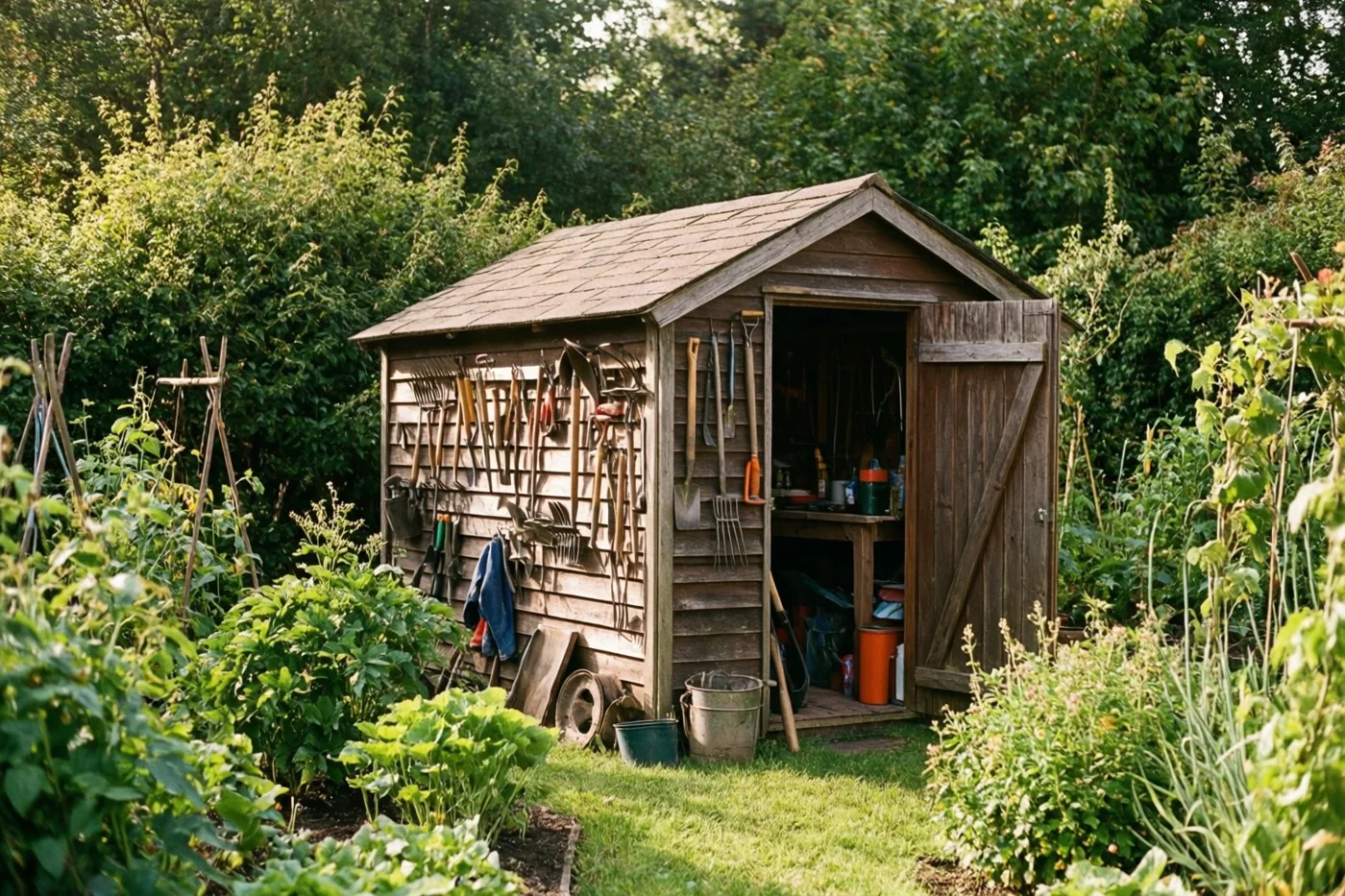 Een houten tuinhuis met netjes opgehangen gereedschap staat tussen weelderige groene planten en bomen in warm zonlicht.