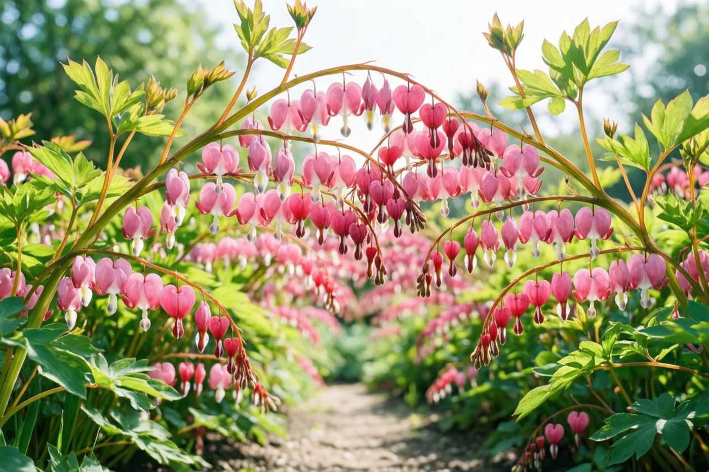 Rijen roze, hartvormige bloemen van gebroken hartjes buigen over een tuinpad tussen groen gebladerte in helder zonlicht.