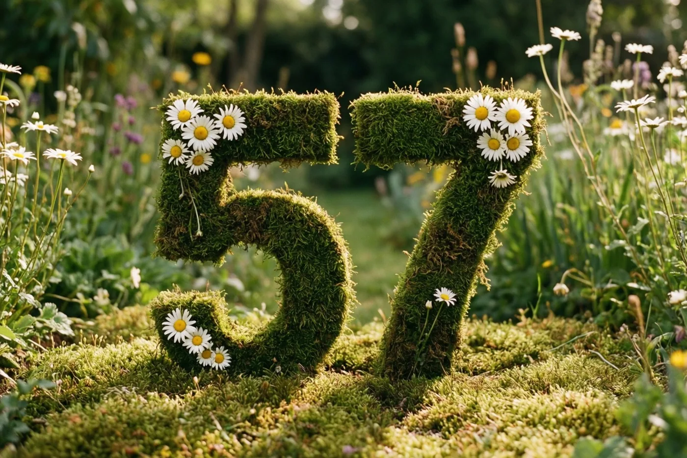 Het getal 57 is gevormd uit een mossige groene haag en versierd met witte madeliefjes in een landelijke tuin in natuurlijk zonlicht.