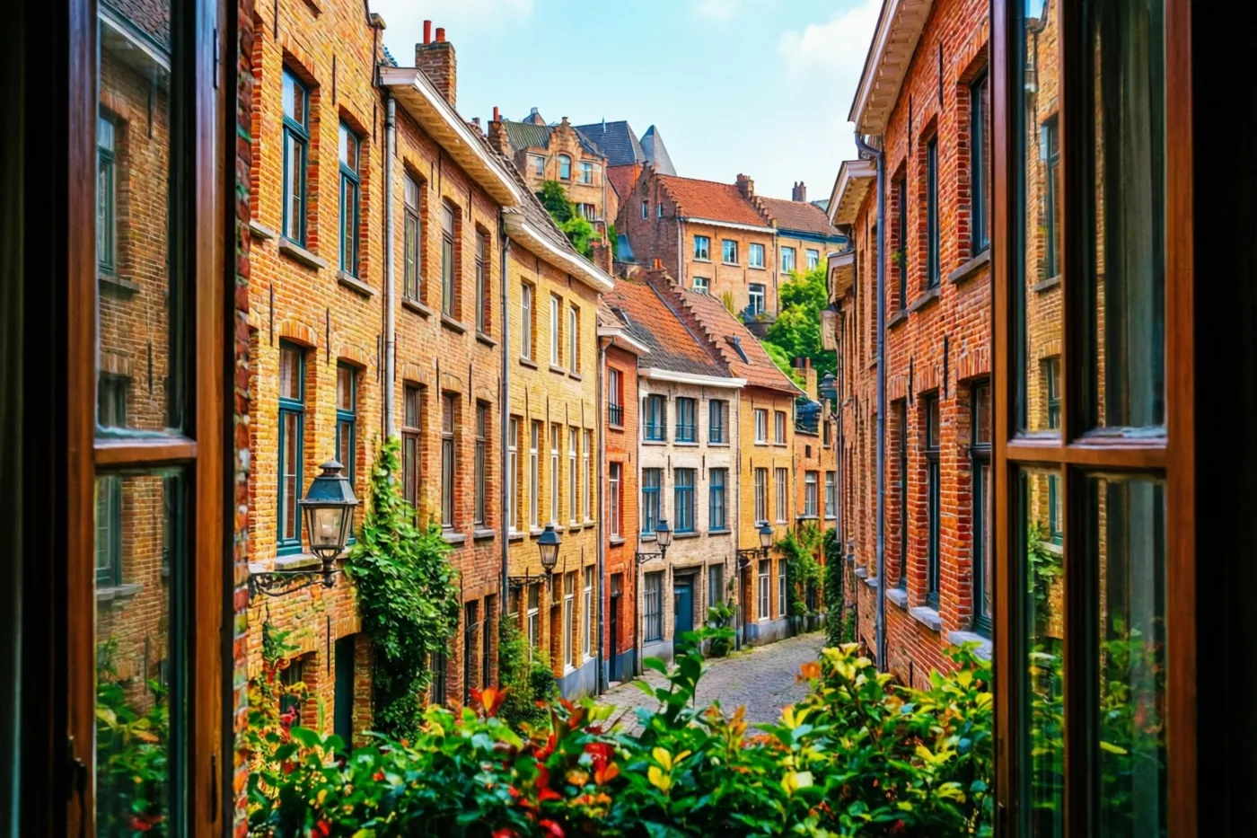 Door een raam met een houten kozijn is een smalle straat met traditionele Belgische bakstenen rijhuizen te zien, met groen op de voorgrond en een blauwe lucht in warm zonlicht.
