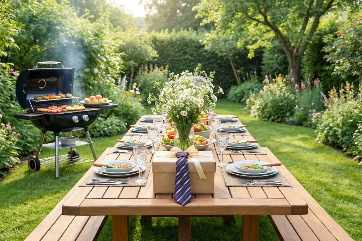 Een lange houten tafel met borden, glazen en een bloemstuk staat naast een barbecue waarop eten gaart, tussen groen en bloemen in fel zonlicht.