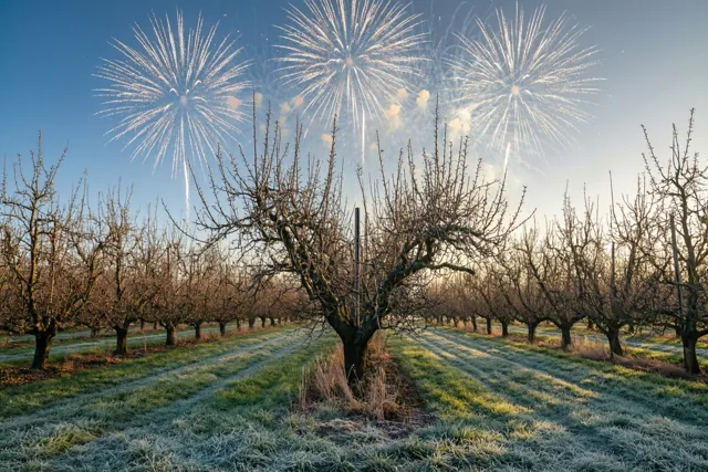 Kale appelbomen staan in een berijpte boomgaard onder een helderblauwe hemel met zilverkleurig vuurwerk, verlicht door warm zonlicht.