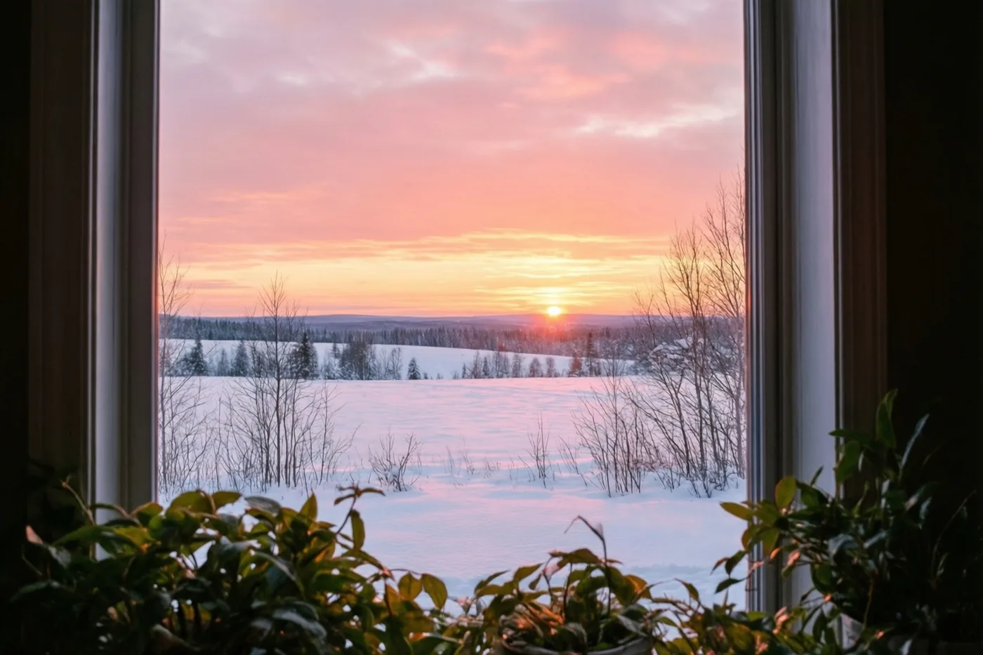 Door een raam met kamerplanten is een besneeuwde vlakte met kale bomen te zien onder een roze en oranje hemel bij zonsondergang.