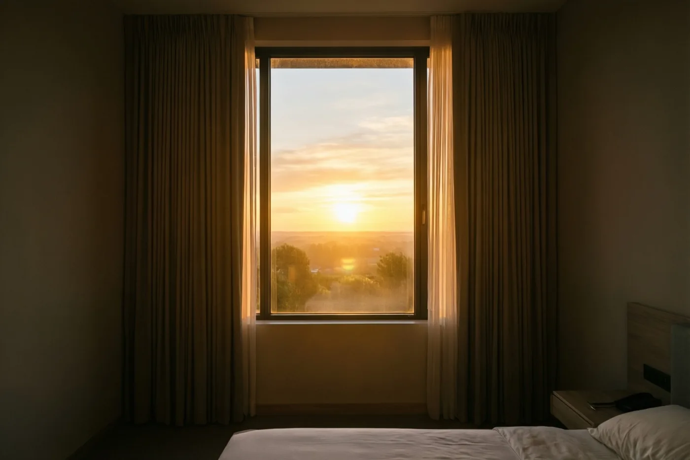 Een hoog raam in een minimalistische slaapkamer biedt zicht op een zonsopgang boven een landschap in de verte, in warm gouden licht.