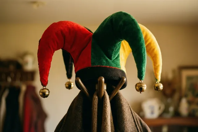 Een zotskap met rode, groene en gele punten en kleine belletjes hangt aan een houten kapstokhaak in warm licht.