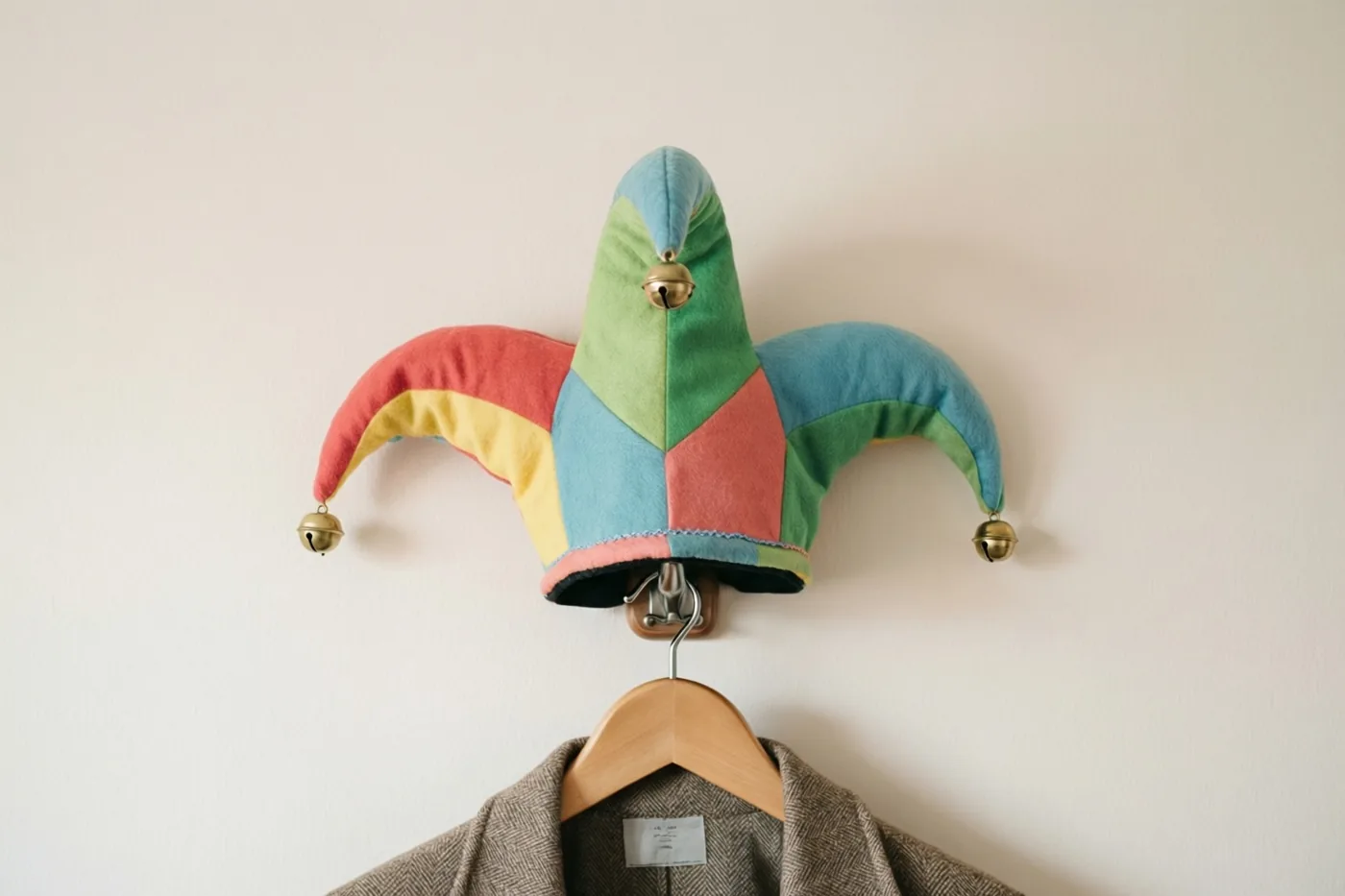 Een kleurrijke zotskap met drie belletjes hangt aan een muurhaak boven een bruine jas op een houten kleerhanger, tegen een witte muur.