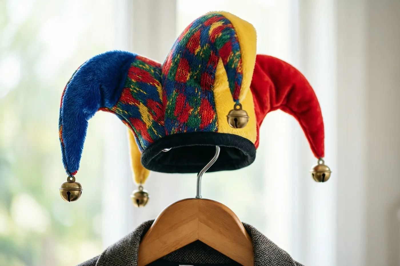 Een kleurrijke zotskap met drie punten en kleine belletjes hangt op een houten kleerhanger tegen een zacht onscherpe achtergrond in natuurlijk licht.