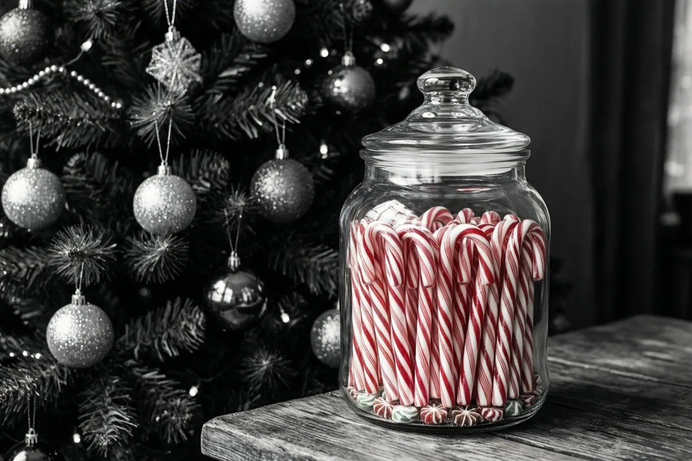 Een glazen pot met rood-witte zuurstokken en pepermuntsnoepjes staat op hout naast een versierde kerstboom, waarbij de omgeving in zwart-wit is weergegeven.