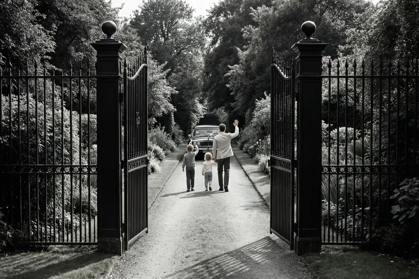 Een man en twee kinderen staan van achteren gezien op een tuinpad bij een open smeedijzeren hek en zwaaien op een zwart-witfoto.