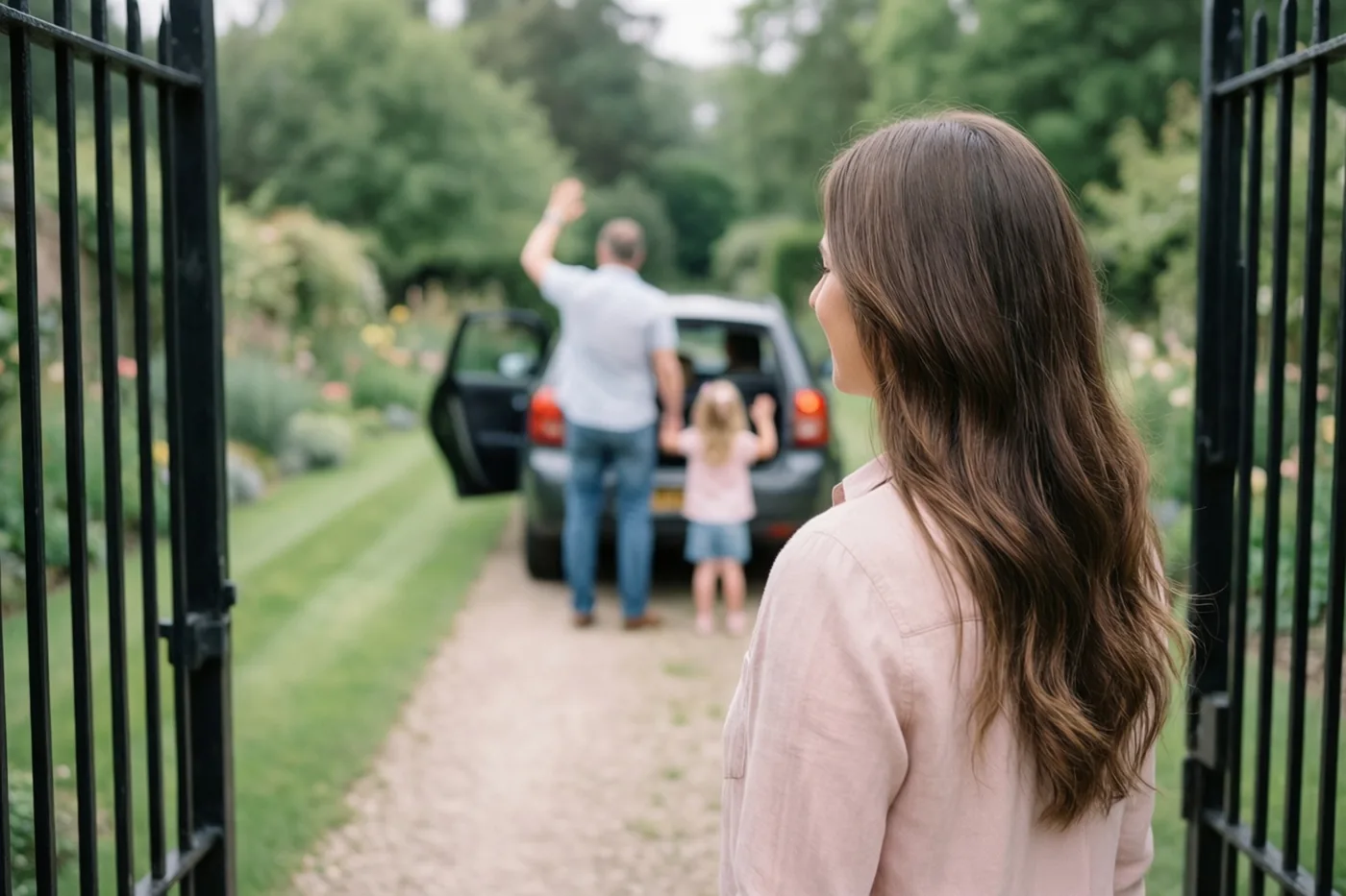 Een vrouw met lang bruin haar staat bij een open zwart tuinhek en kijkt naar een man en een klein kind die naast een vertrekkende auto zwaaien.
