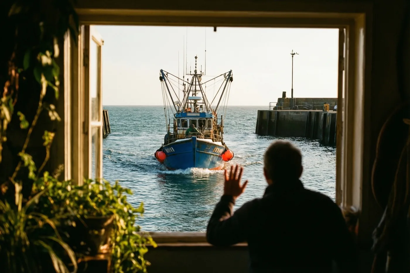 Een persoon zwaait vanuit een kamer door een open raam naar een blauwe vissersboot die in gouden licht langs een havenpier de zee op vaart.
