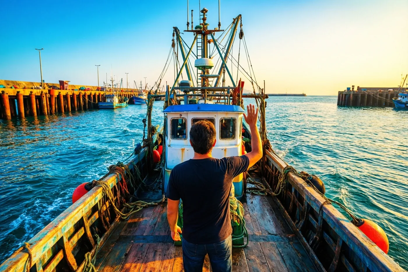 Een persoon zwaait met de rug naar de kijker vanaf het dek van een vissersboot die een havenpier verlaat, onder een blauwe hemel boven een turquoise zee in gouden licht.