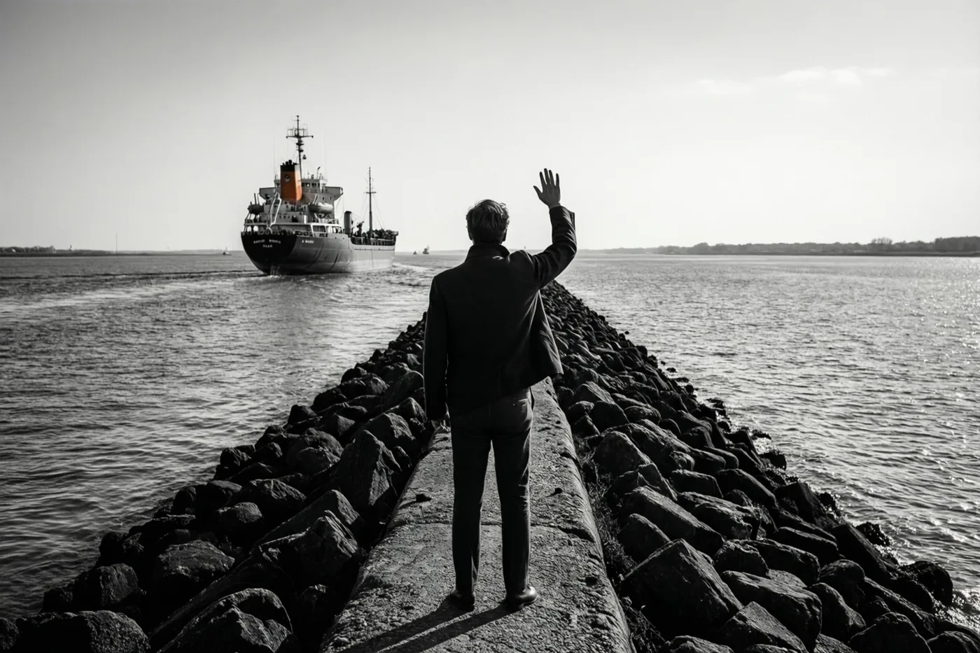 Op een zwart-witfoto zwaait een persoon in een pak vanaf een stenen dijk naar een groot schip dat wegvaart.