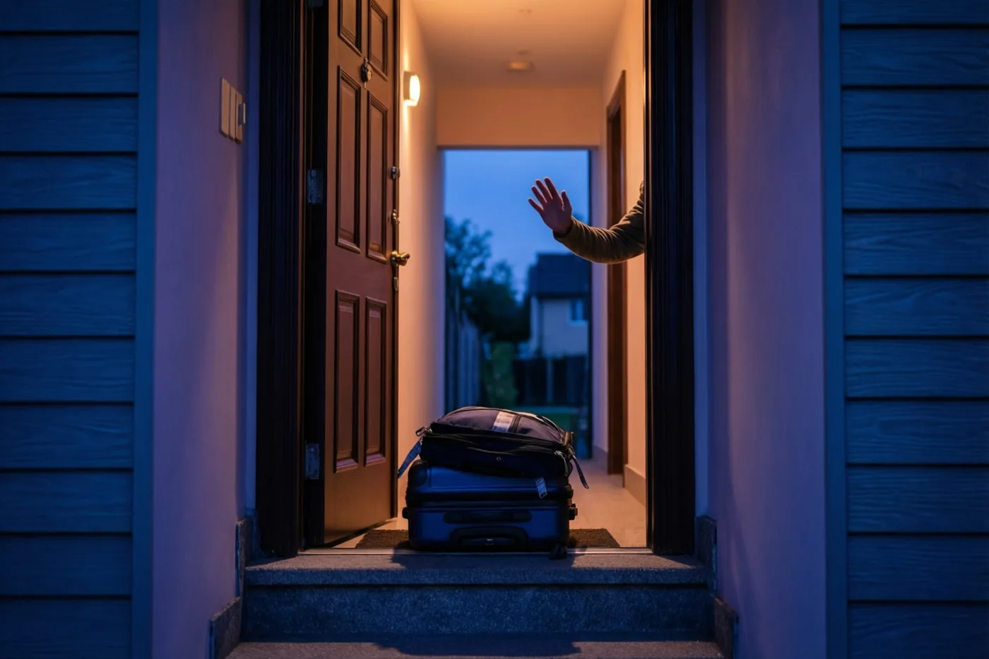 Een voordeur staat op een kier met daarachter een warm verlichte gang en een zwaaiende hand, terwijl buiten een ingepakte koffer op de trede staat in blauwe en oranje tinten.