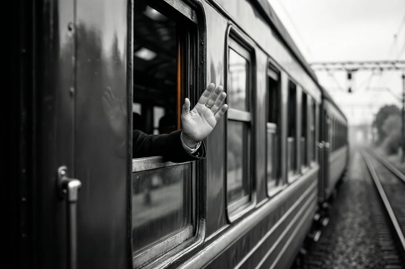Een hand zwaait uit het raam van een vertrekkende oude treinwagon op een zwart-witfoto.