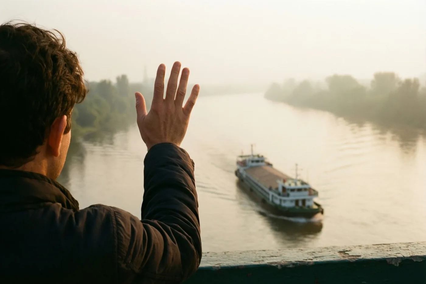 Iemand staat op een brug en zwaait met de rechterhand naar een wegvarende boot op een brede rivier, met zachte mist en goudkleurig licht op water en verre bomen.