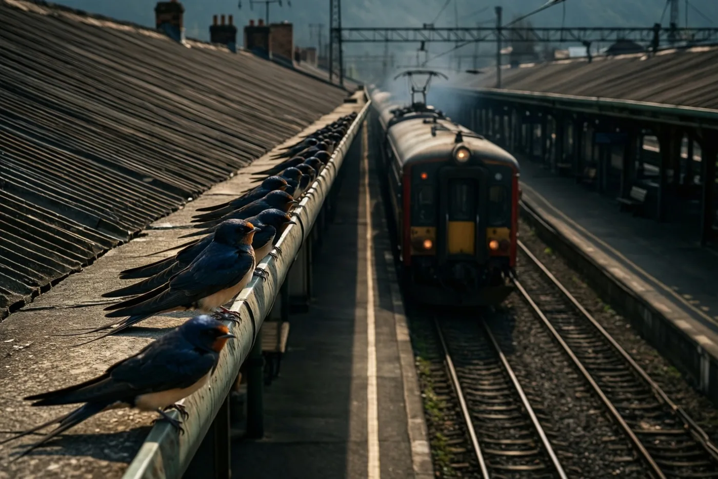 Een rij zwaluwen zit op de rand van een stationsdak terwijl een trein over de sporen wegrijdt, in gedempte tinten.